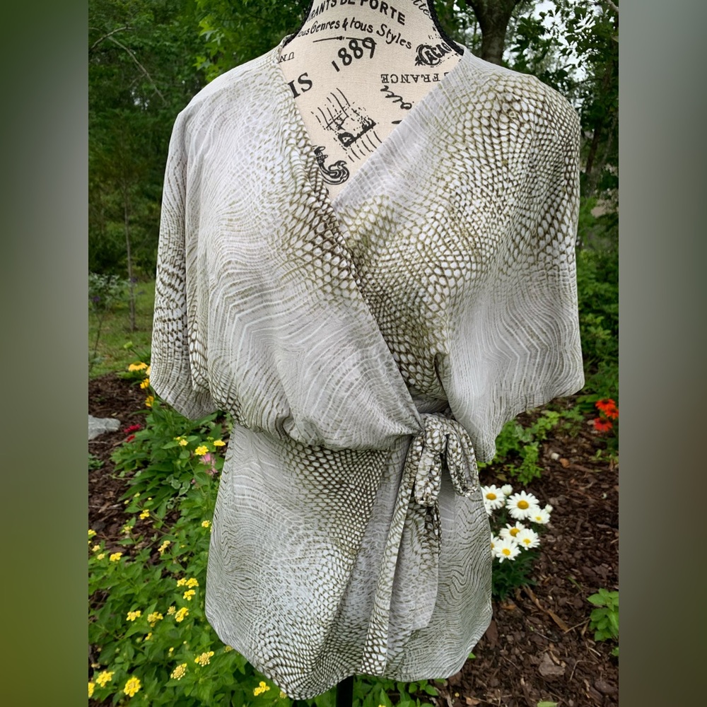 Wrap-style blouse with snakeskin pattern, size medium
